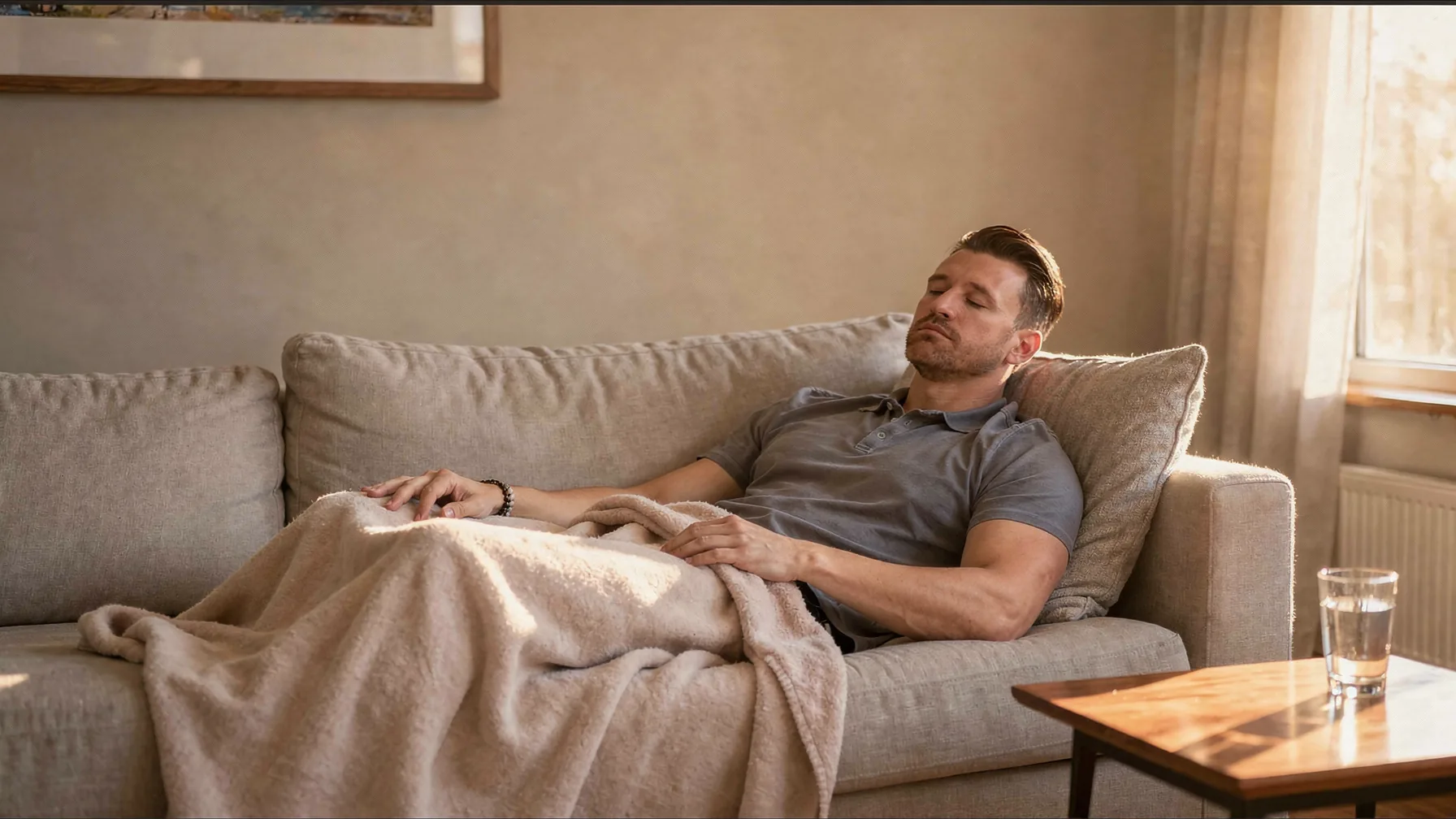 A person resting under a blanket on a sofa at home, water within reach